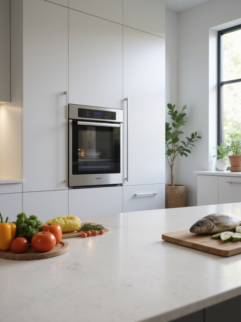 Luxury kitchen with a built-in steam oven, showcasing healthy cooking.