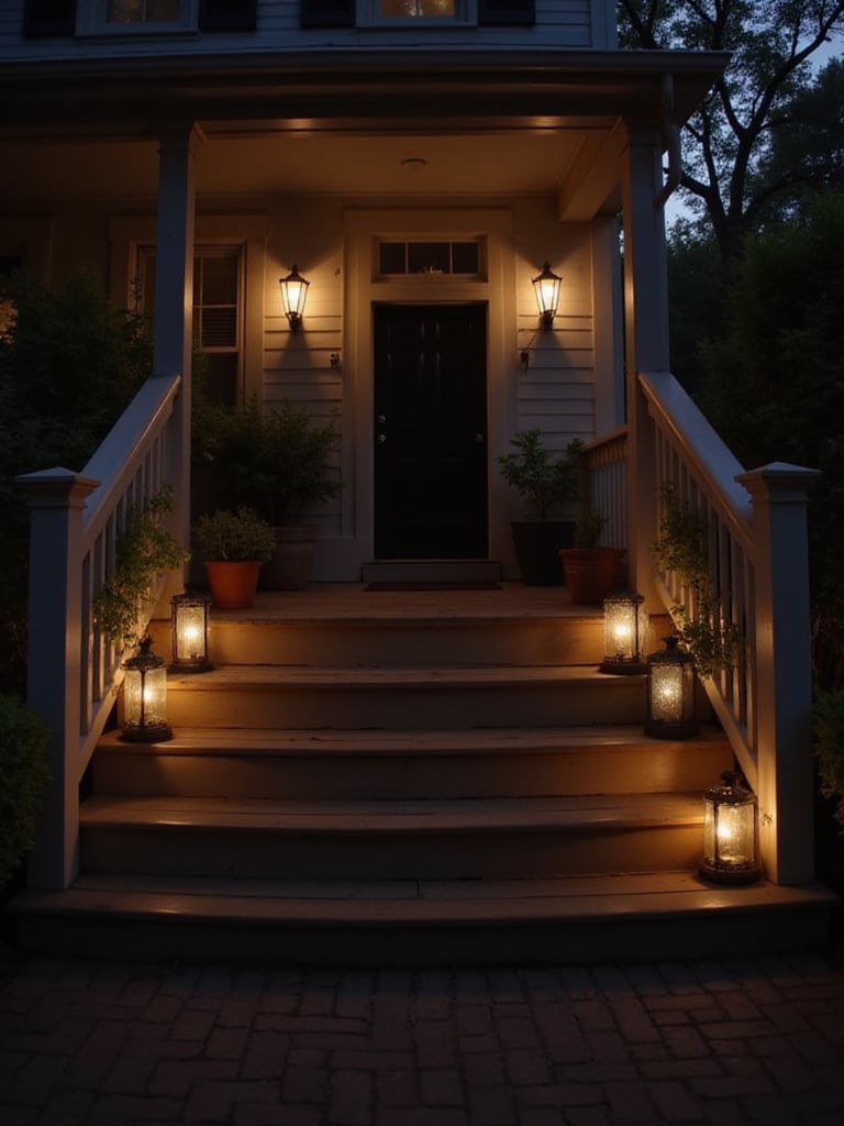 Front porch steps illuminated with warm lanterns for enhanced curb appeal and safety.