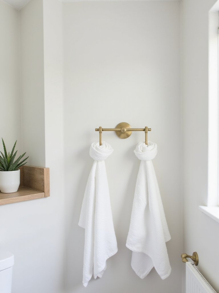 Small bathroom corner showcasing stylish brass towel hooks holding rolled white bath towels.