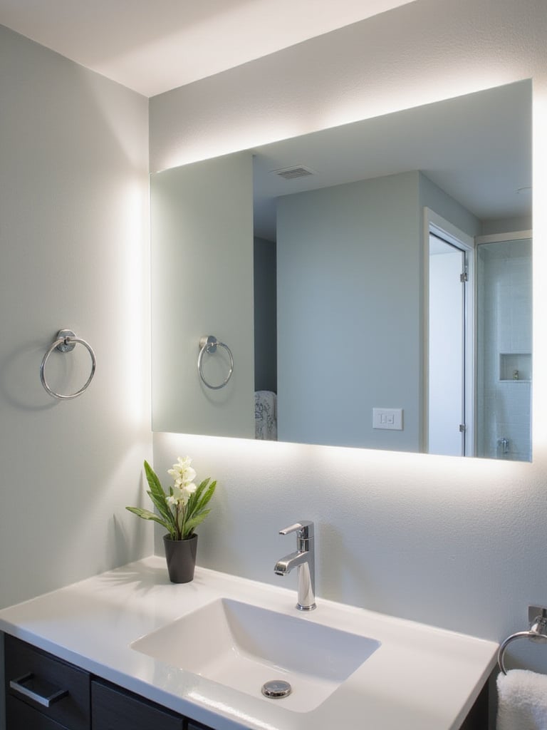 Modern bathroom with a large mirror featuring integrated LED lighting.