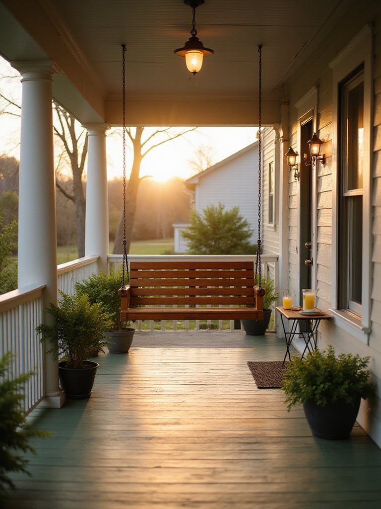 Relaxing wooden porch swing on a charming front porch