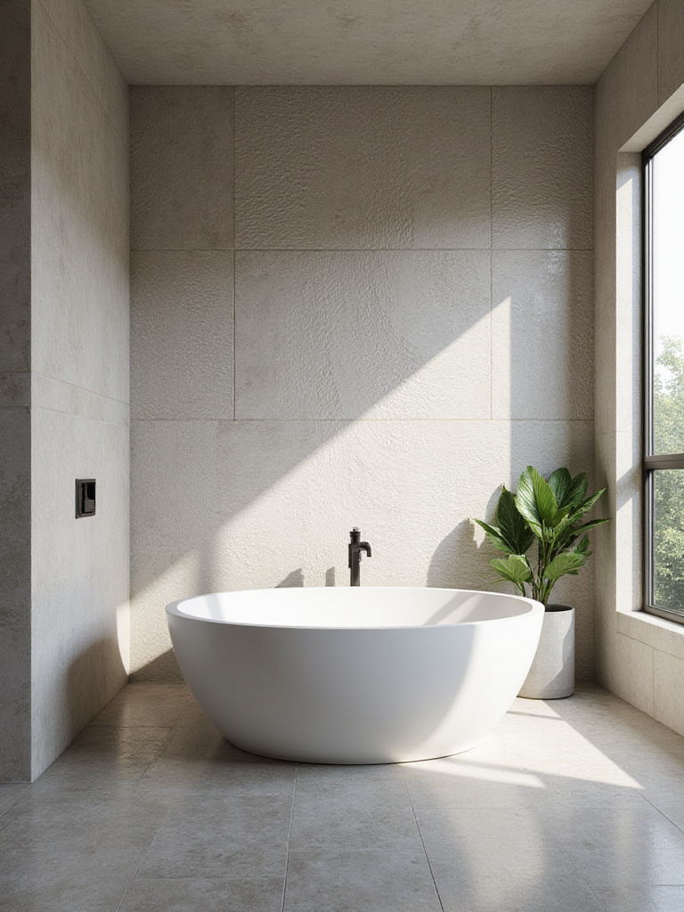 Modern bathroom featuring an accent wall clad in large format textured tiles with a deep wave pattern, highlighting the dimension created by texture and light.
