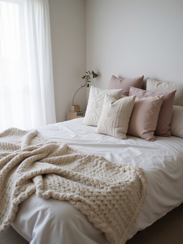 Cozy bedroom with layered textures on the bed: linen sheets, velvet pillows, knit throw blanket.