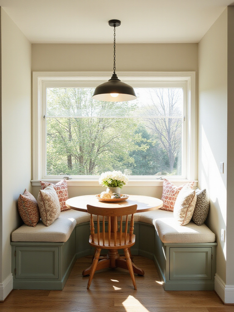 Cozy kitchen breakfast nook with banquette seating and round table