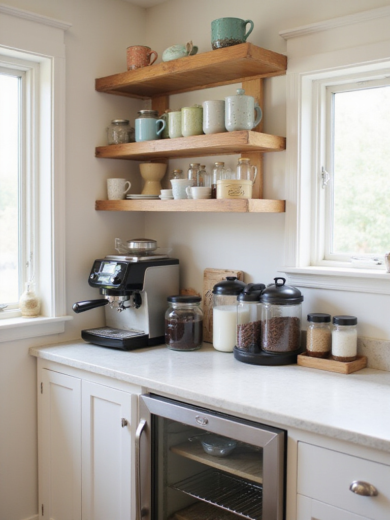 Modern kitchen coffee bar with espresso machine, grinder, and organized storage.