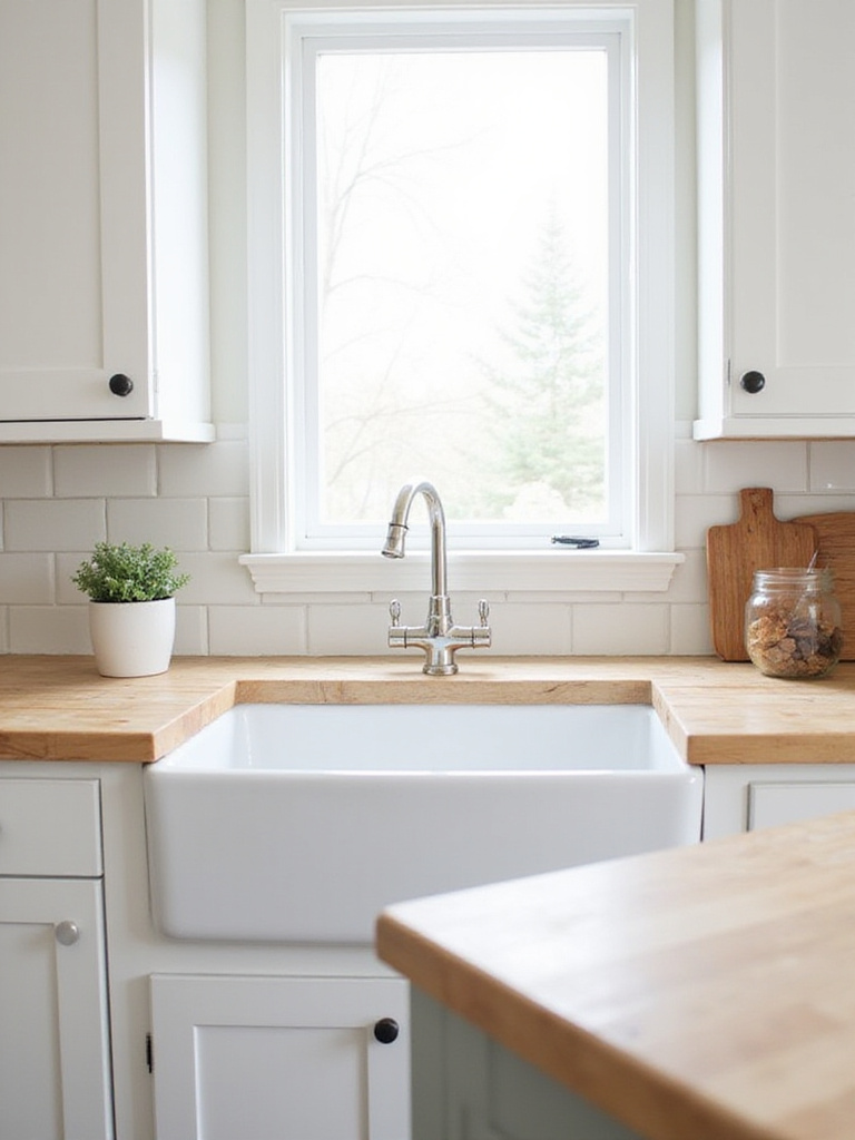 Farmhouse kitchen with white fireclay sink and butcher block countertops