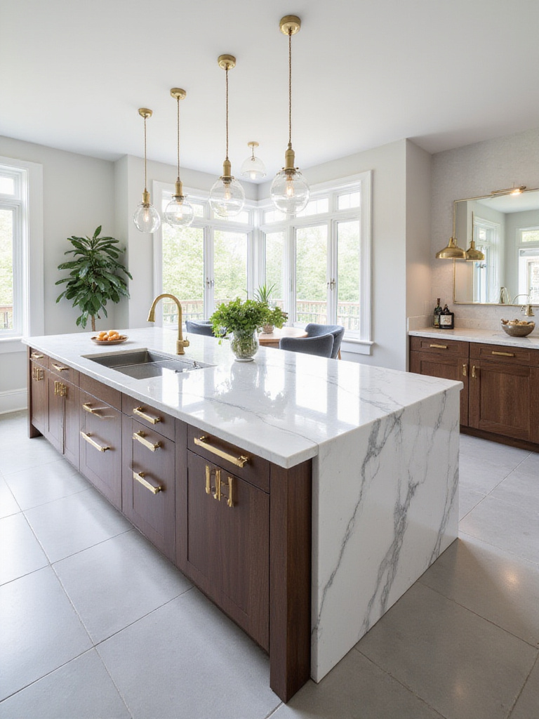 Luxury kitchen with grand white marble island and walnut cabinetry
