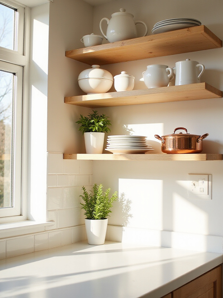 Modern kitchen with open shelving displaying white dishes and copper cookware.