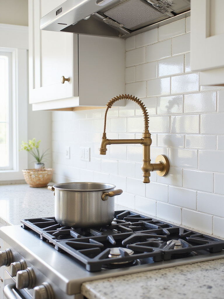 Pot filler faucet above stainless steel stovetop in modern kitchen