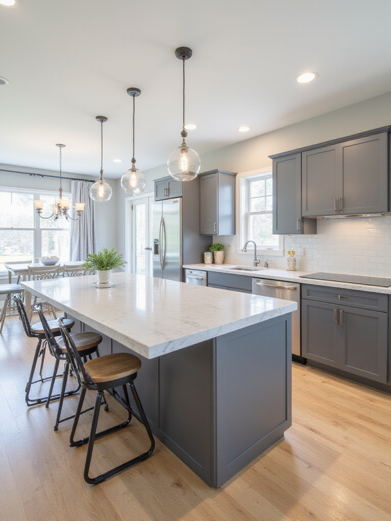 Modern kitchen with a large white and gray kitchen island, pendant lighting, and stainless steel appliances.