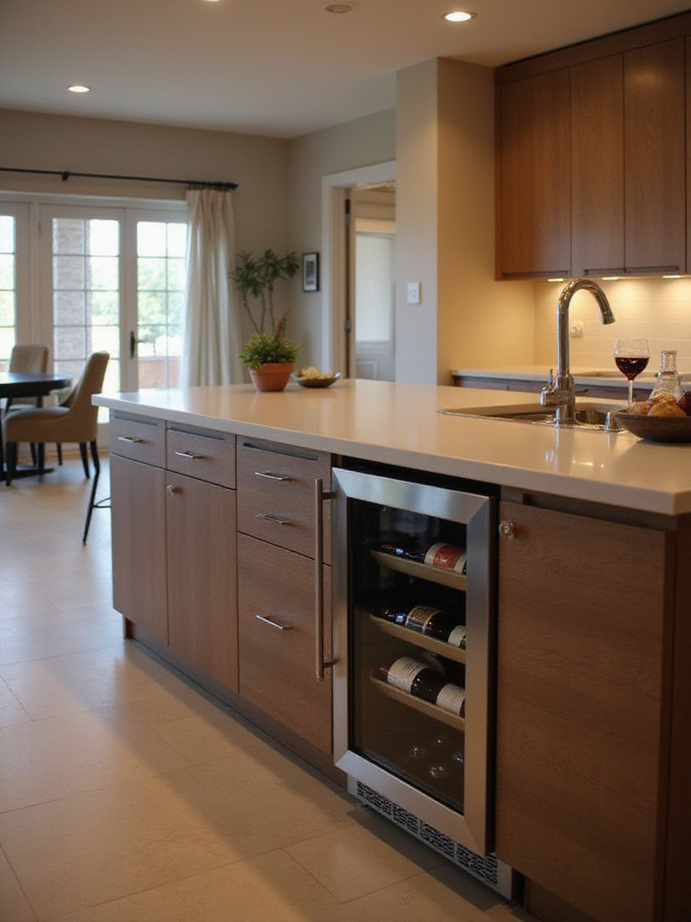 Modern kitchen island with integrated stainless steel wine fridge