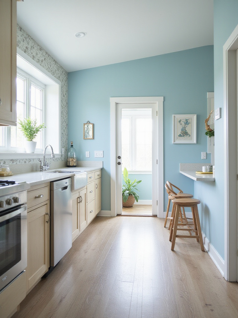 Light blue kitchen with floral accent wallpaper.