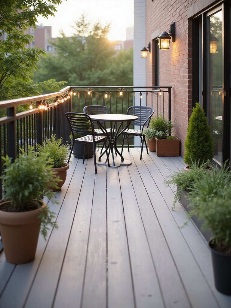 Small balcony transformed with composite decking, potted plants, and string lights.