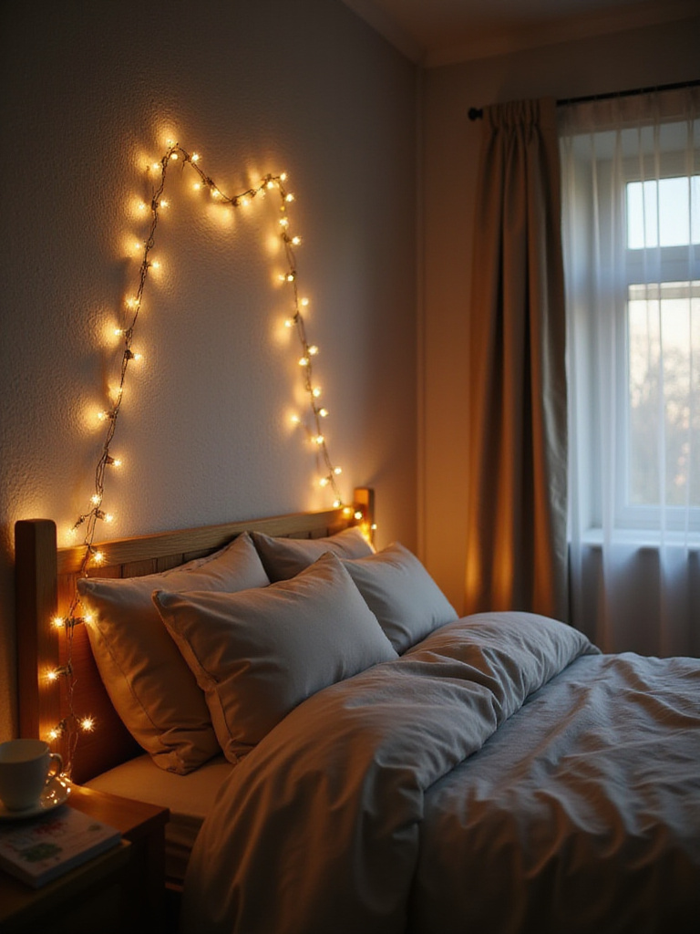 Bedroom with fairy lights draped behind headboard creating a warm and inviting atmosphere.