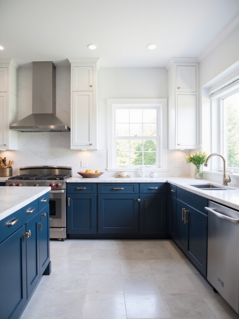 Modern kitchen featuring two-tone cabinets in navy blue and white.