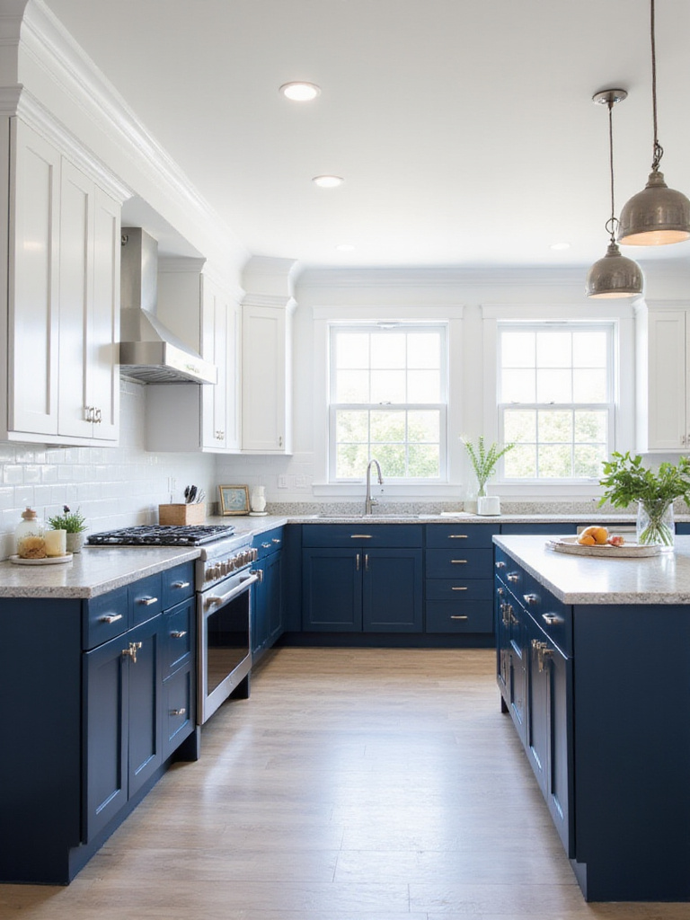Modern kitchen with navy blue lower cabinets and white upper cabinets, showcasing a two-tone design.