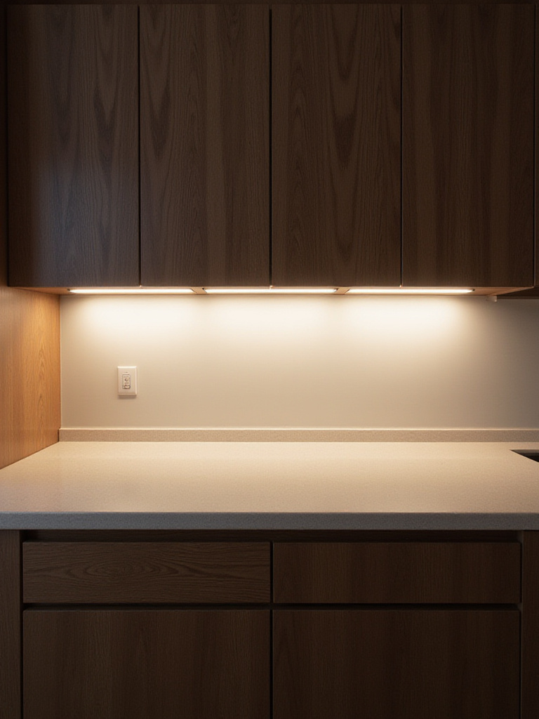 Modern kitchen with dark cabinets and bright, warm white under cabinet lighting illuminating the countertop