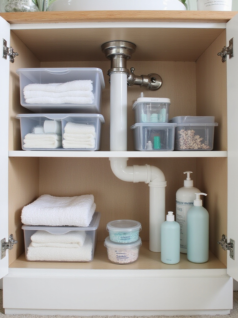Organized under-sink bathroom cabinet with clear drawers, stackable bins, and adjustable shelving for maximum space utilization.
