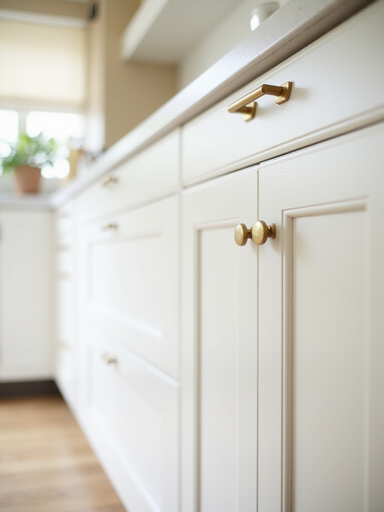 Modern kitchen with white cabinets and brushed brass hardware