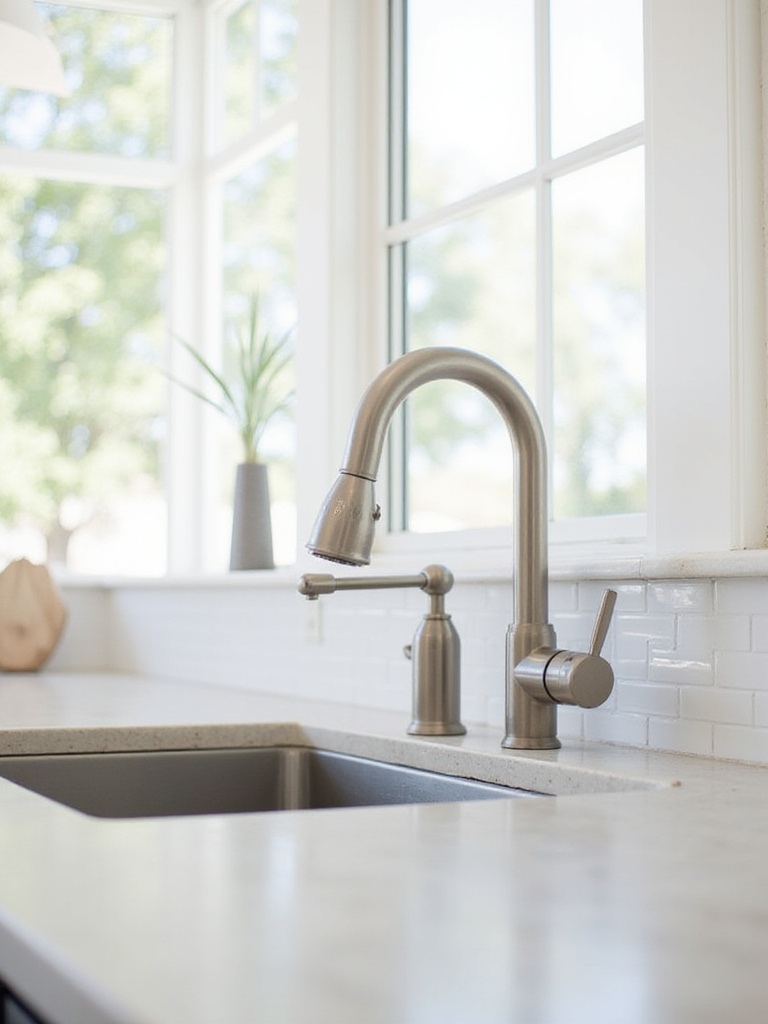 Modern kitchen sink with a new brushed nickel faucet and pull-down sprayer
