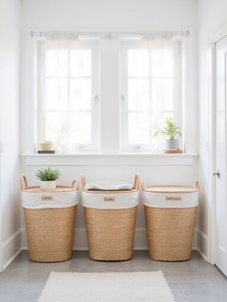 Stylish seagrass laundry hampers labeled for lights, darks, and delicates in a modern laundry room.
