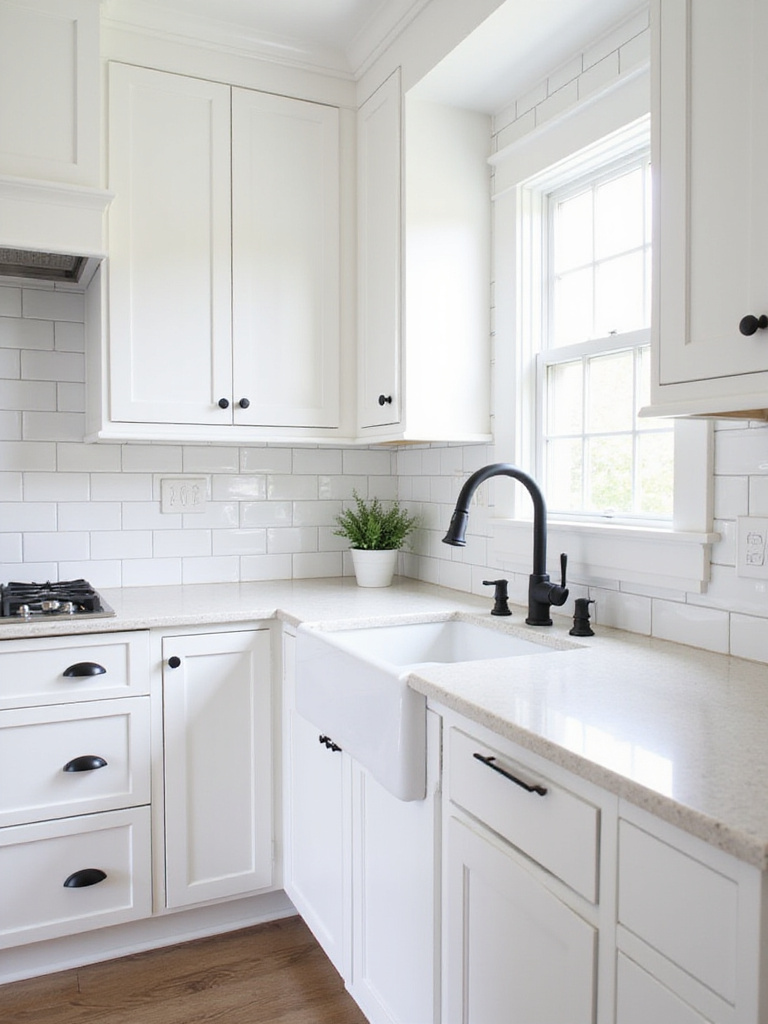 Bright white kitchen cabinets featuring bold contrasting matte black knobs and pulls, creating a modern and fresh look.