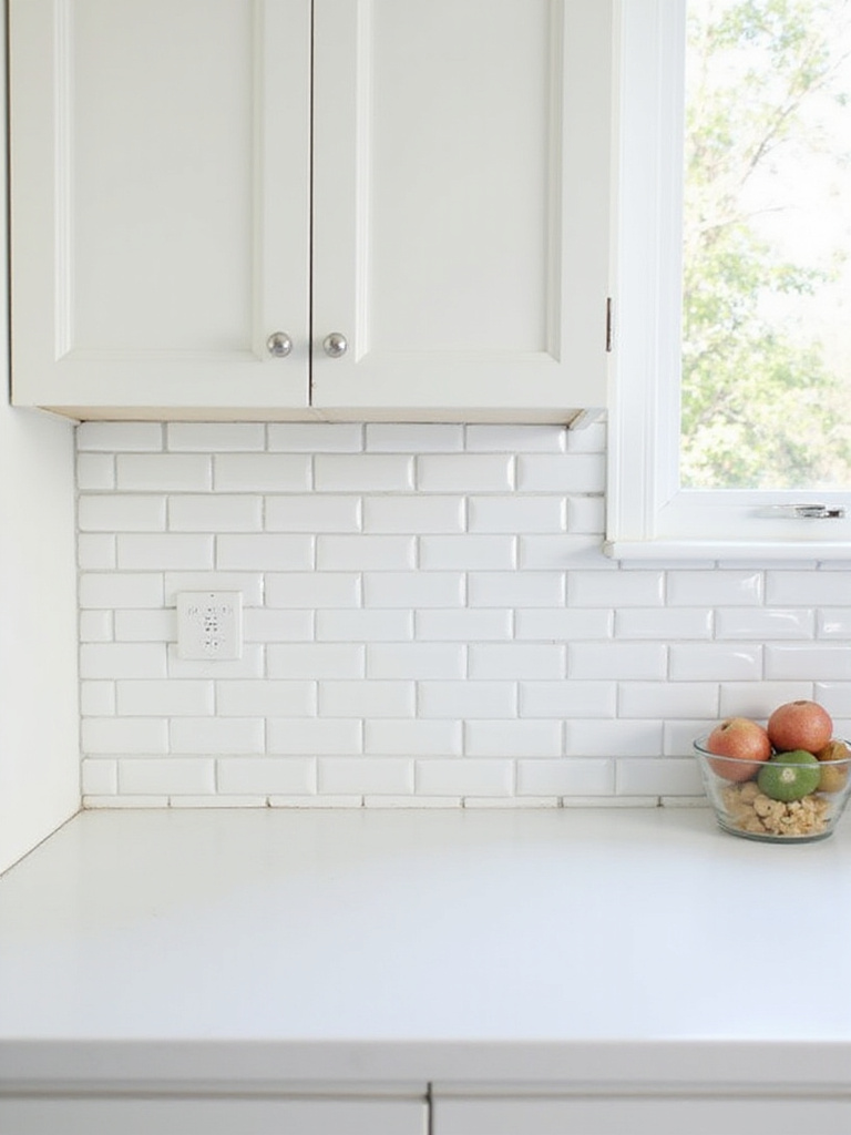 Bright white kitchen featuring a backsplash of glossy white subway tiles with light grey grout behind a white countertop and white cabinets.