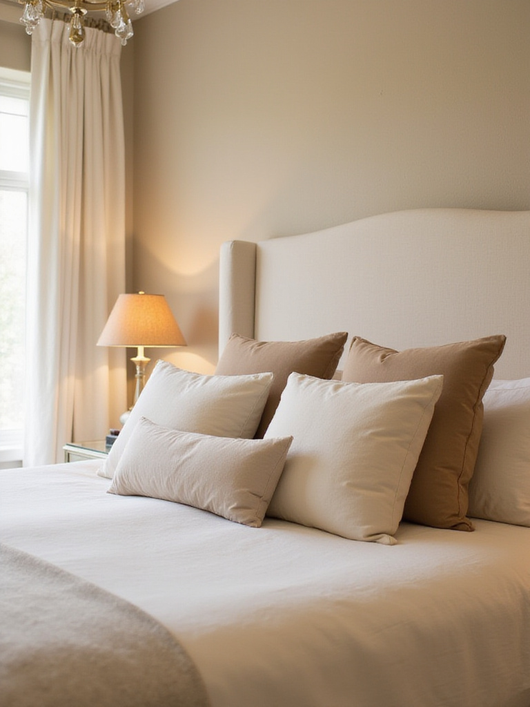 Beige bedroom with velvet pillows in varying beige tones on the bed
