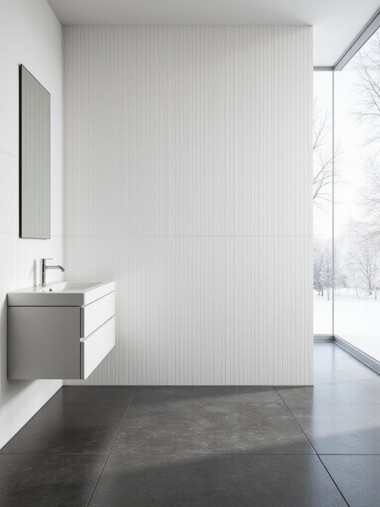 Modern bathroom with a full wall tiled in a white vertical stack layout behind a wall-mounted vanity, creating a sense of height and clean lines.