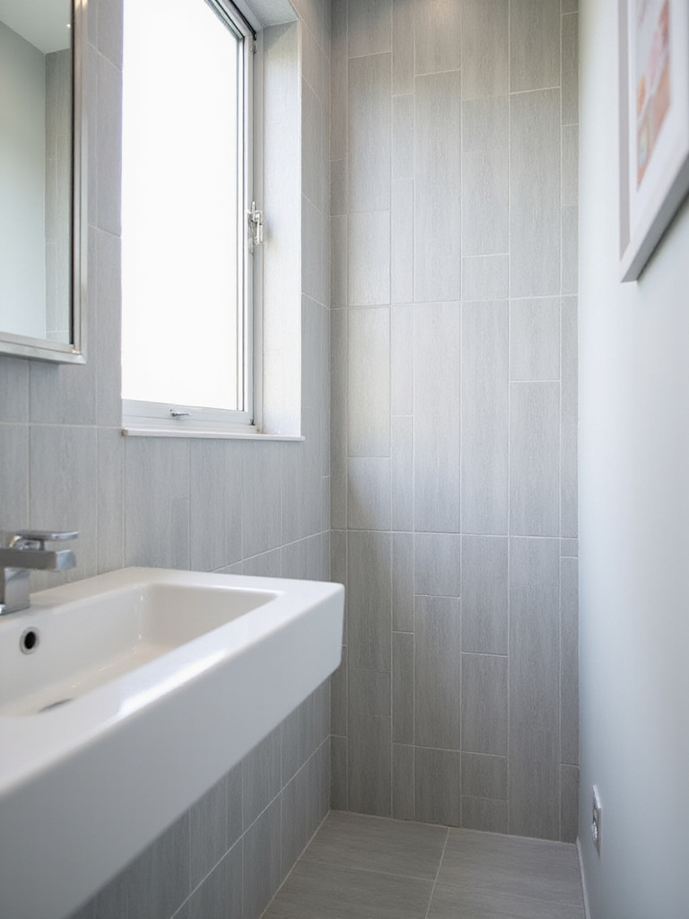 Small bathroom with vertical subway tiles elongating the wall and creating a sense of height