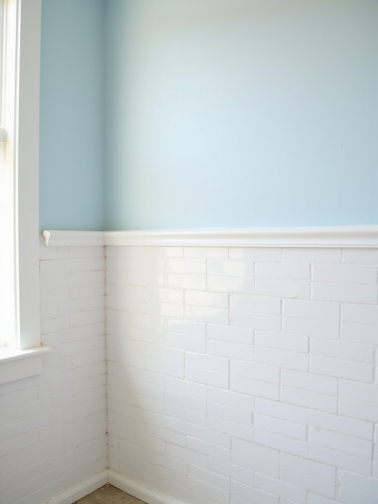 Bathroom wall with white subway tile wainscoting capped with a trim piece and light blue painted wall above.
