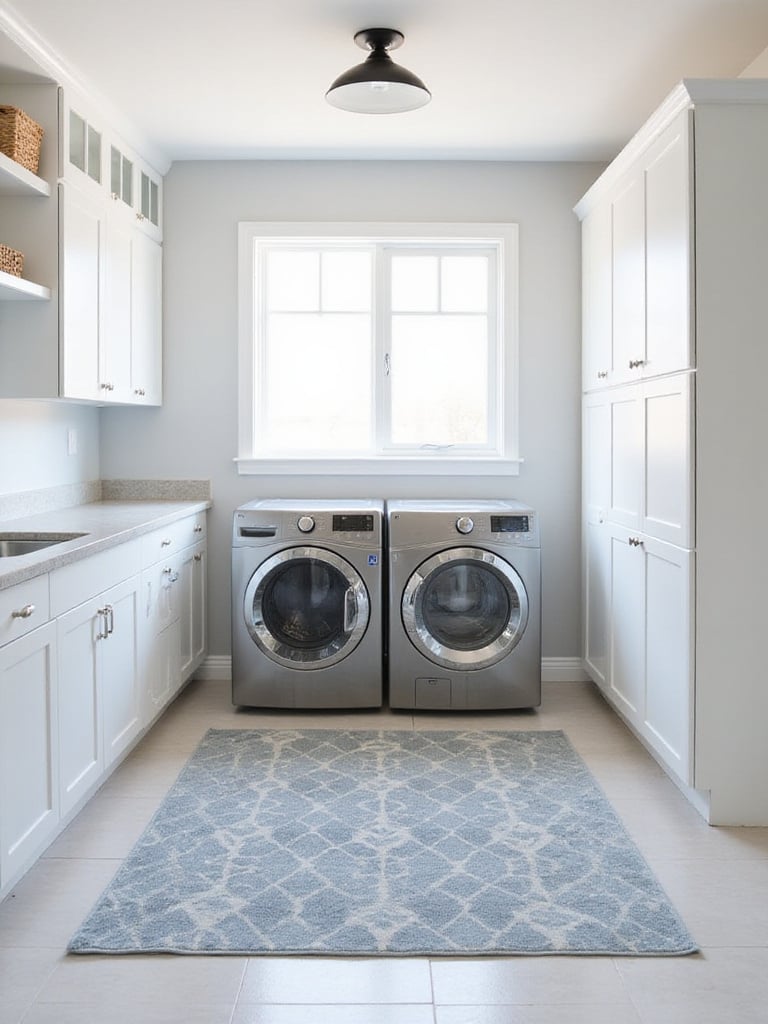 Stylish and durable area rug in a modern laundry room