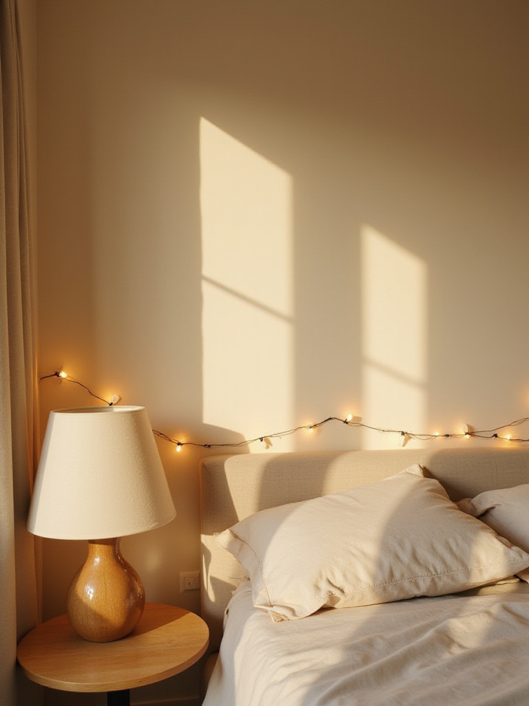 Beige bedroom with warm white lighting creating a cozy atmosphere