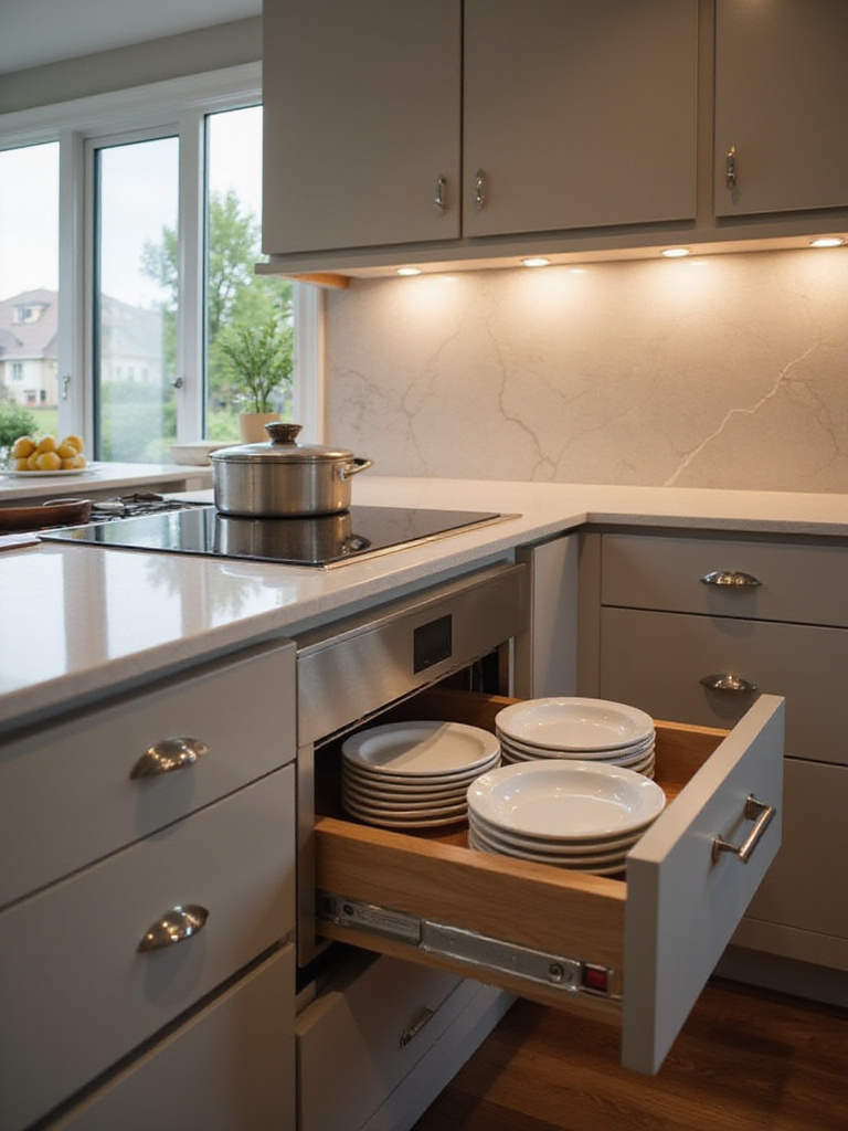 Luxury kitchen with stainless steel warming drawer integrated below induction cooktop.