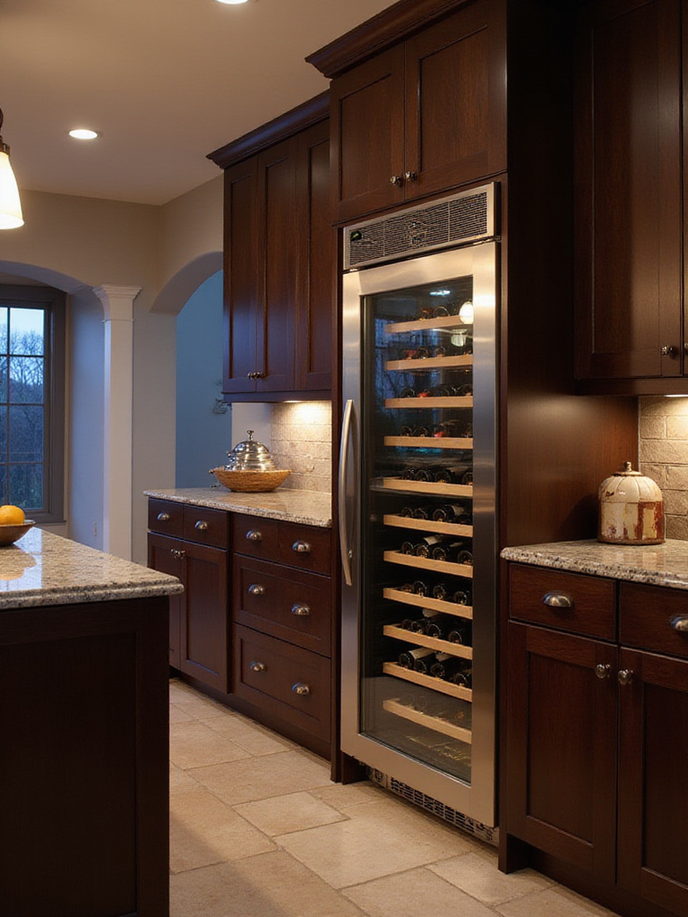 Luxury kitchen with built-in stainless steel wine refrigerator