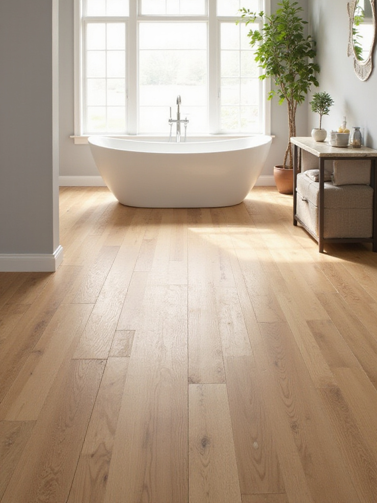 Bathroom floor tiled with warm, medium-brown wood-look porcelain tile, creating a natural and inviting atmosphere.