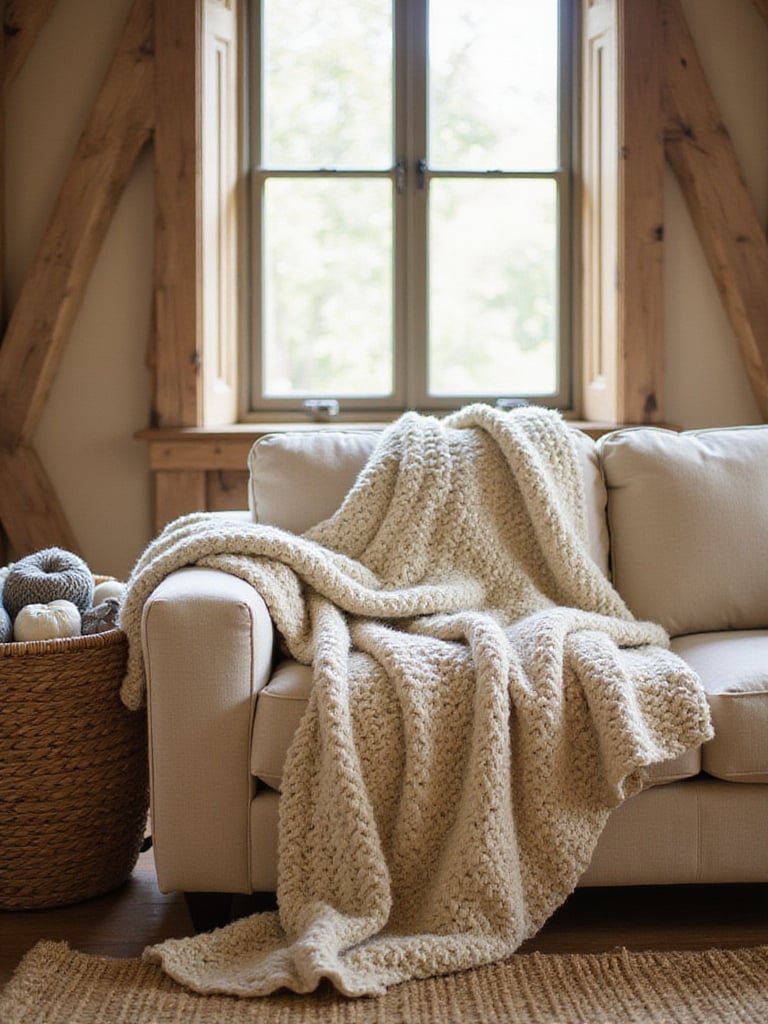 Chunky knit throw blanket draped over a linen sofa in a rustic living room.