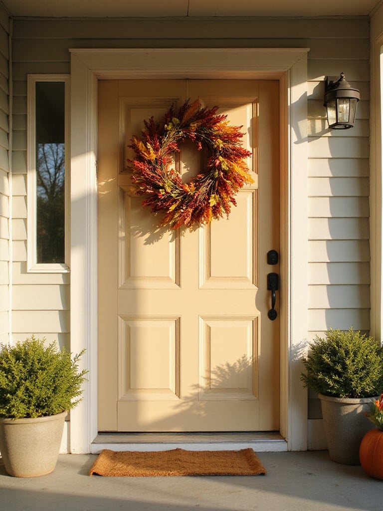 Front porch with colorful autumn wreath on door