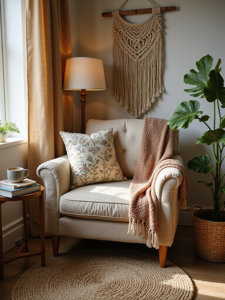 Cozy bohemian bedroom corner with a plush reading chair, layered textiles, plants, and a macrame wall hanging, creating a relaxing retreat.