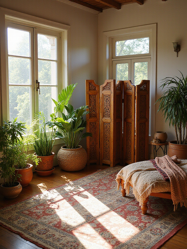 Bohemian bedroom featuring a decorative carved wooden folding screen, layered rugs, many plants, and warm lighting.