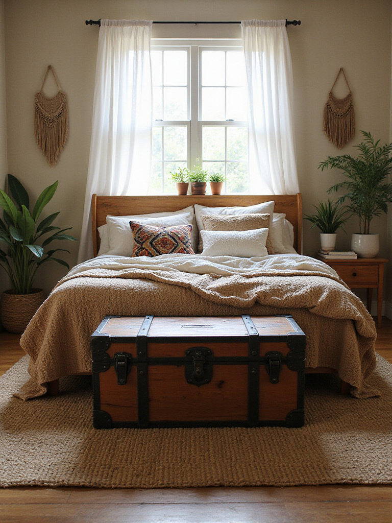 A global-inspired wooden trunk with metal details sits at the foot of a bed in a cozy bohemian bedroom with layered textiles and plants.