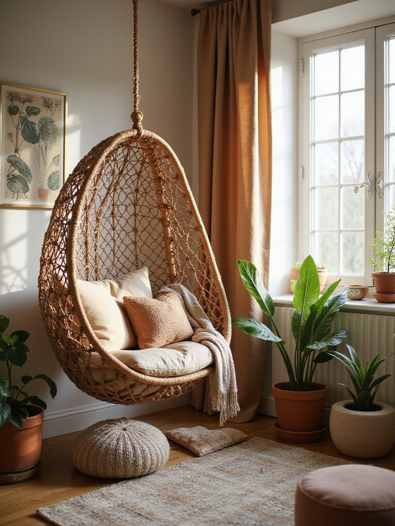 Bohemian bedroom with a hanging macrame egg chair filled with cushions and throws, creating a cozy reading nook.