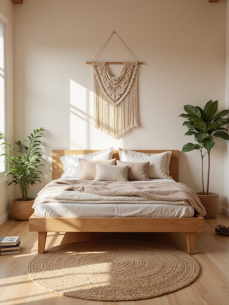 Boho bedroom featuring a low-profile natural wood platform bed with layered textures and floor cushions.