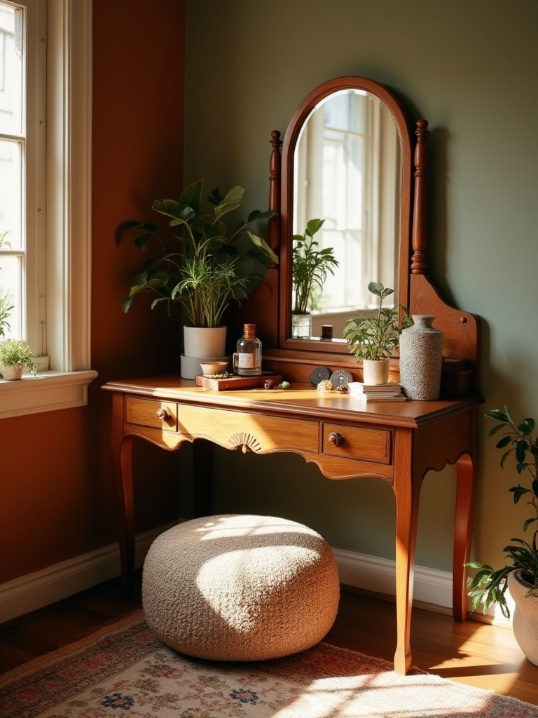 A vintage wooden vanity table with a mirror styled with plants and eclectic decor in a sunlit boho bedroom.