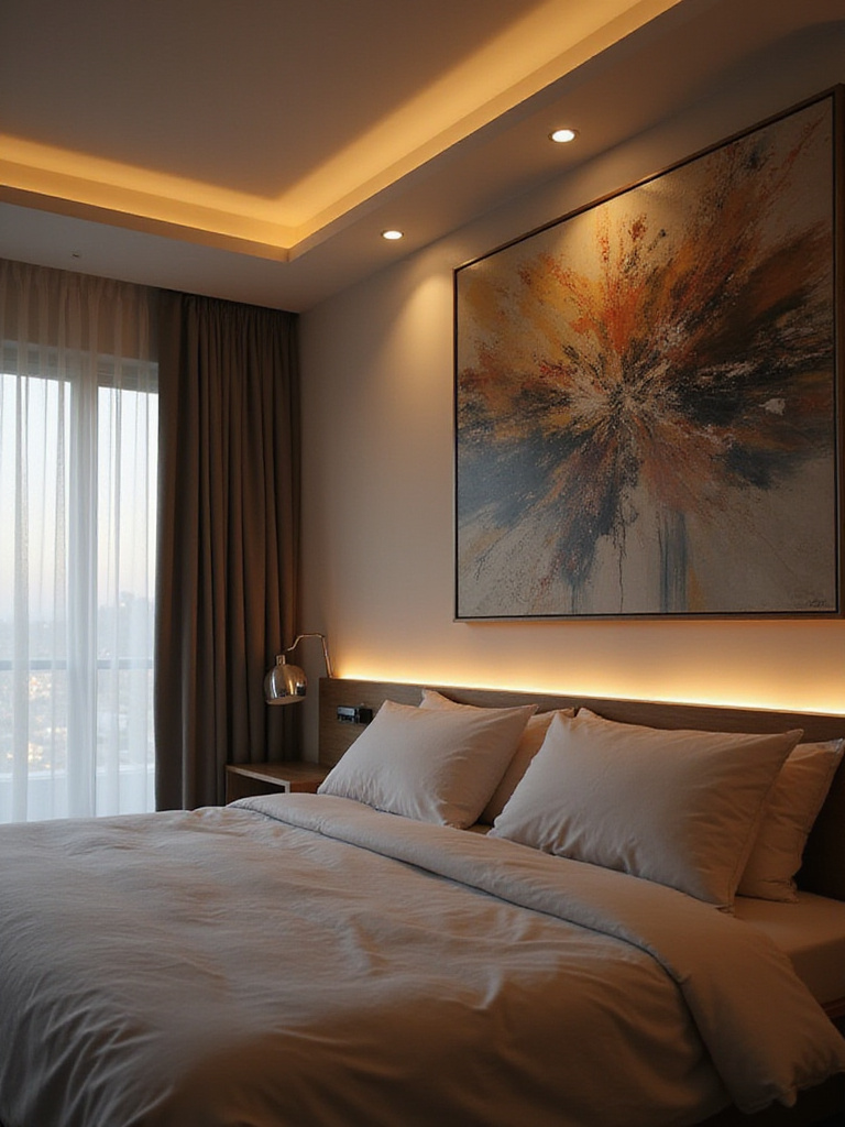 Bedroom with accent lighting highlighting artwork and headboard
