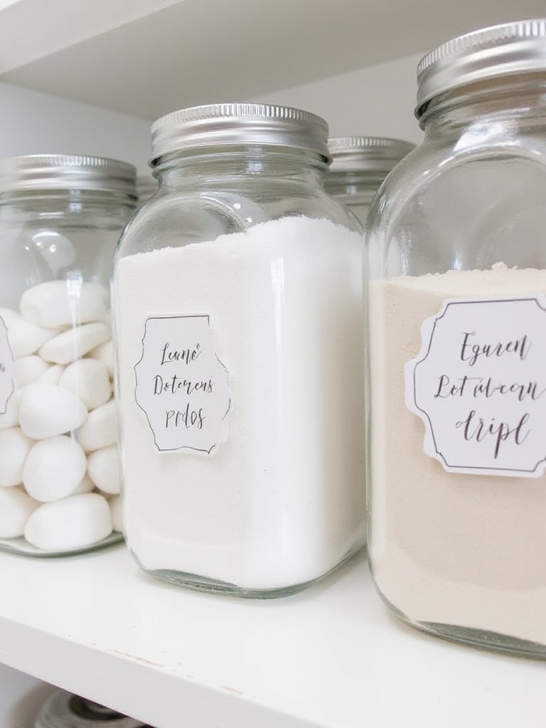 Clear glass storage jars with matching labels holding laundry supplies on a shelf, creating a tidy and organized appearance.