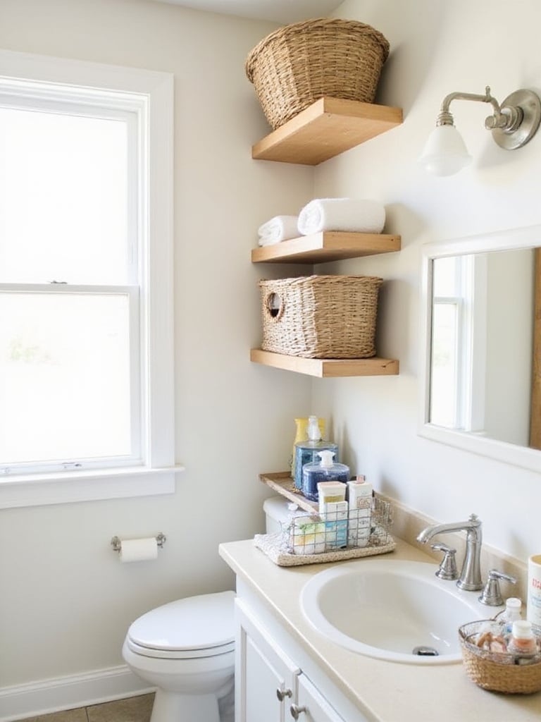 Budget-friendly bathroom storage featuring various baskets holding towels, toiletries, and cleaning supplies on shelves, under the sink, and on the counter.
