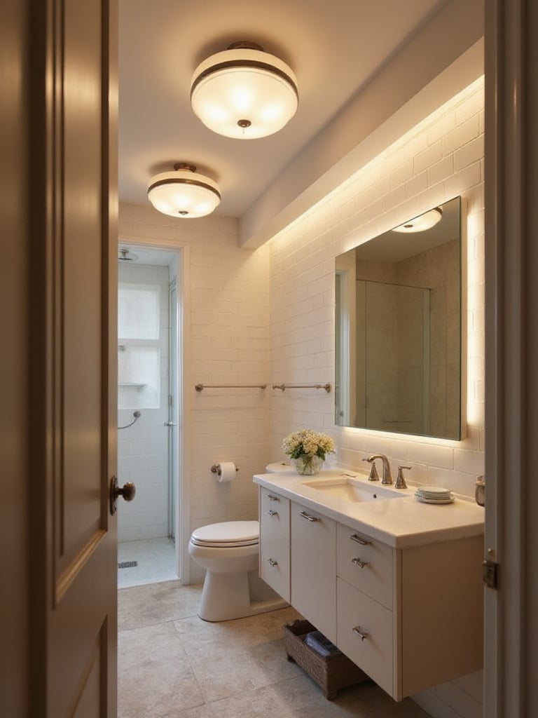 Modern bathroom with stylish ceiling fixtures providing ambient lighting