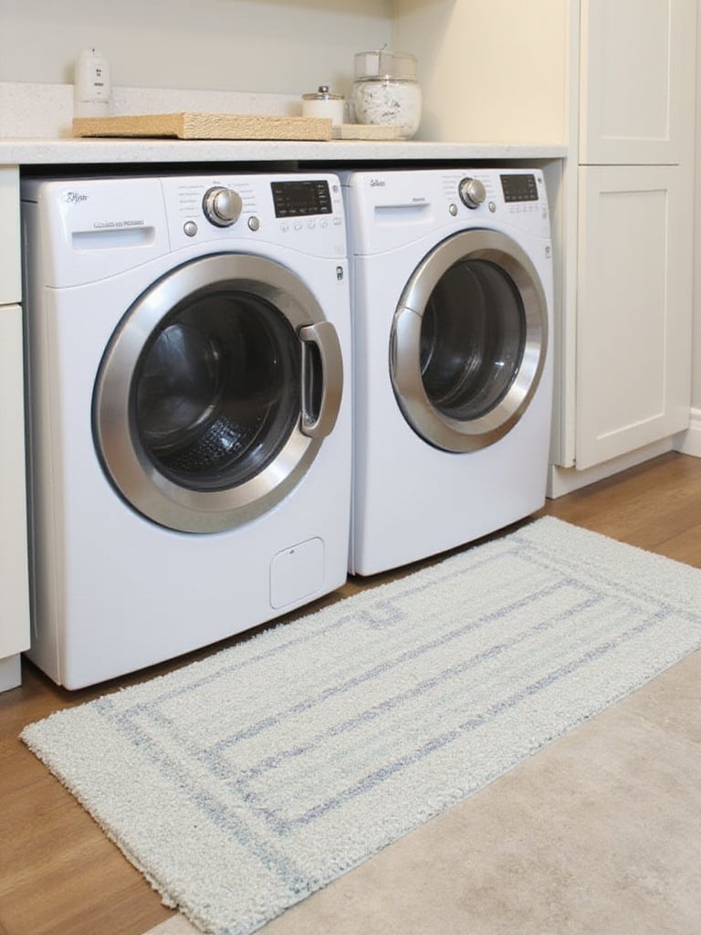 A comfortable and stylish area rug on the laundry room floor, providing cushioning and adding a decorative touch to the space.