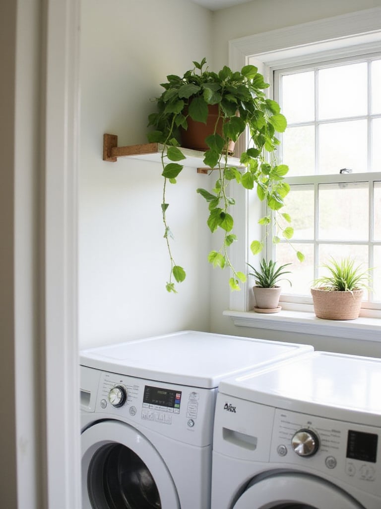 Low-maintenance plants like pothos and snake plants adding freshness, color, and a touch of nature to a laundry room environment.